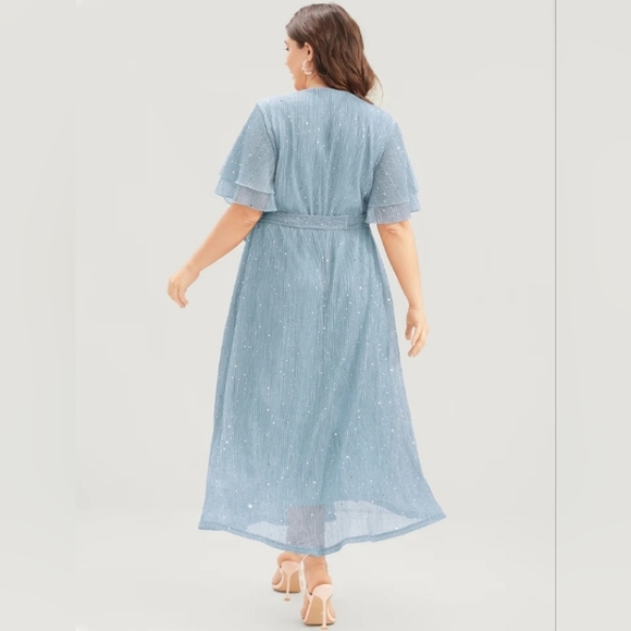 Chiffon, Sparkly Dress, W/ Ruffle Sleeves, Belt, & Pockets, Blue, Size 14-16 1X - Picture 4 of 8